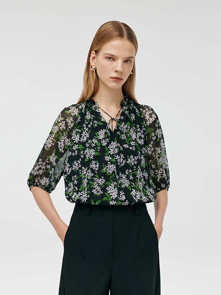 10 Momme Mulberry Silk Printed Tie Front Neck Women Blouse