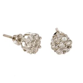 14K White Gold Diamond Stud Earrings W/ 1.0ct SI Diamonds & Cluster Flower