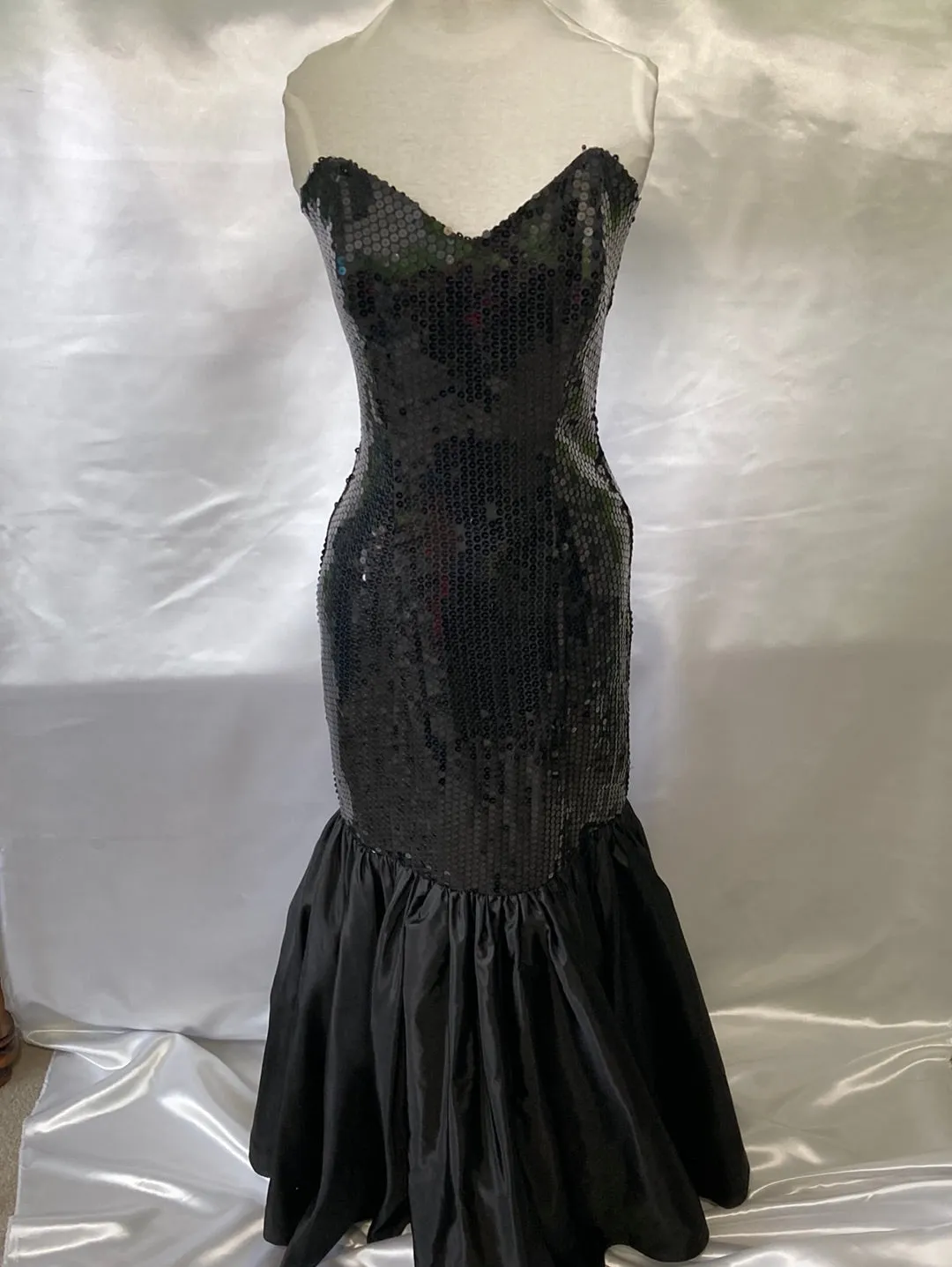 1980's Nadine Strapless Sequin Black Mermaid Prom Dress Vintage Women's Small