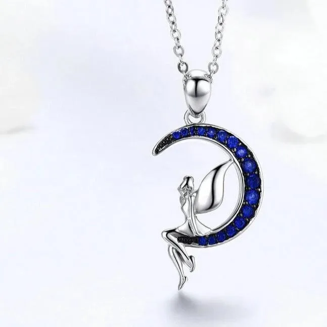 925 Sterling Silver Blue Crystal Crescent Moon and Fairy Pendant Necklace