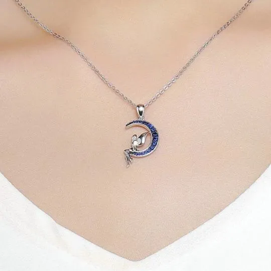 925 Sterling Silver Blue Crystal Crescent Moon and Fairy Pendant Necklace