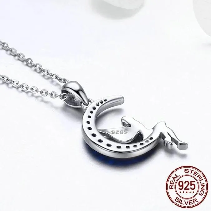 925 Sterling Silver Blue Crystal Crescent Moon and Fairy Pendant Necklace