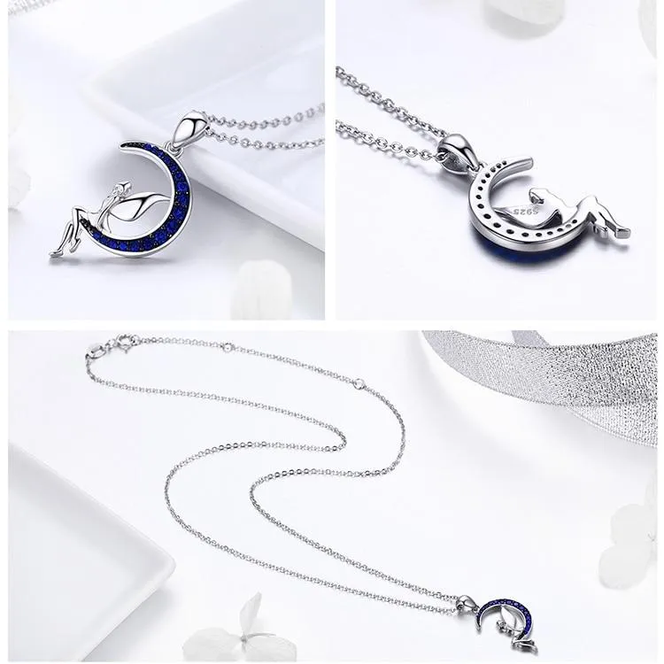 925 Sterling Silver Blue Crystal Crescent Moon and Fairy Pendant Necklace