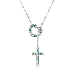 925 Sterling Silver Colorful Crystal Cross Pendant with Heart Charm Necklace