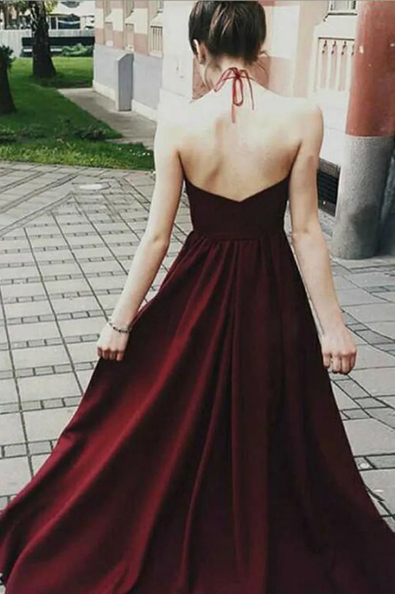 A Line Halter Neck Backless Floor Length Lace Maroon Long Prom Dresses, Maroon Lace Formal Dresses, Evening Dresses