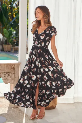 Augustina Black/White/Brown Floral Button Front Maxi Dress