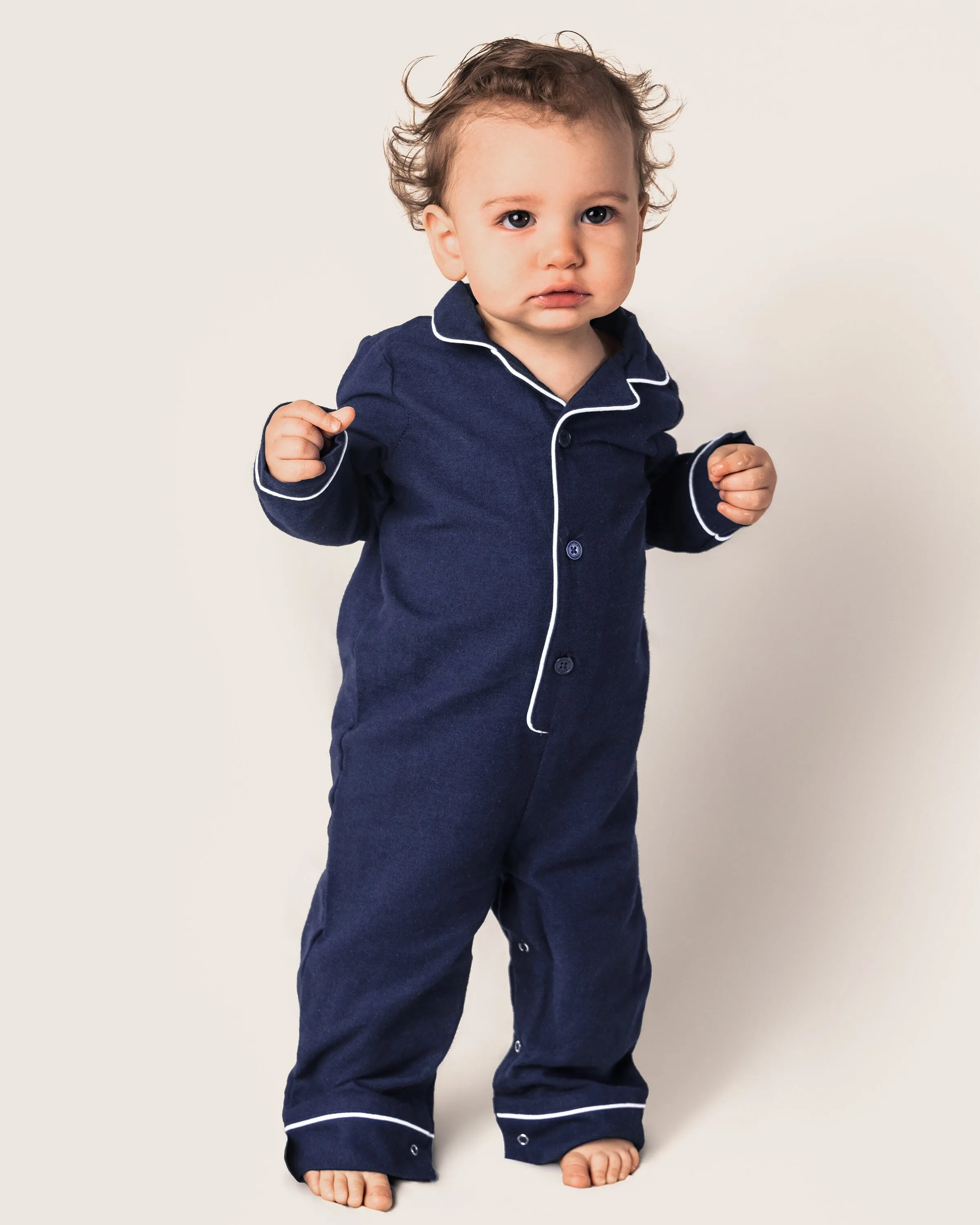 Baby's Flannel Romper | Navy with White Piping