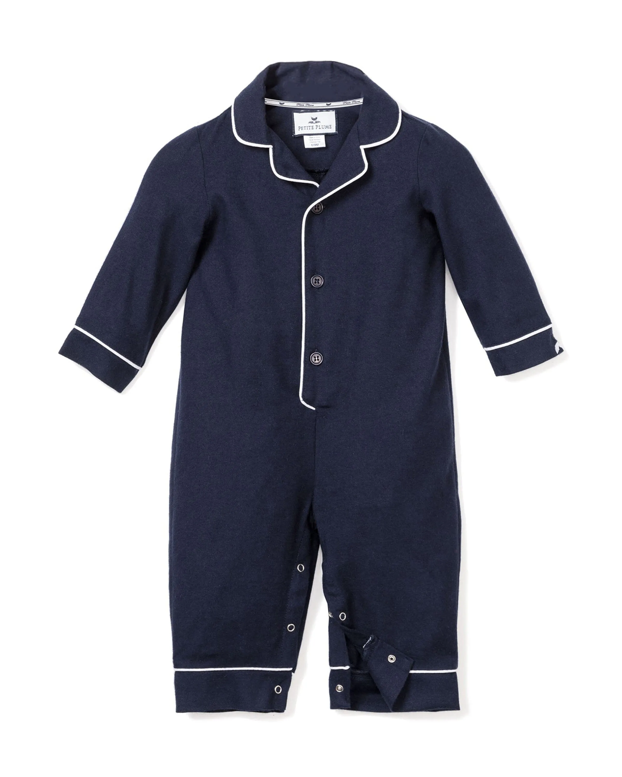 Baby's Flannel Romper | Navy with White Piping