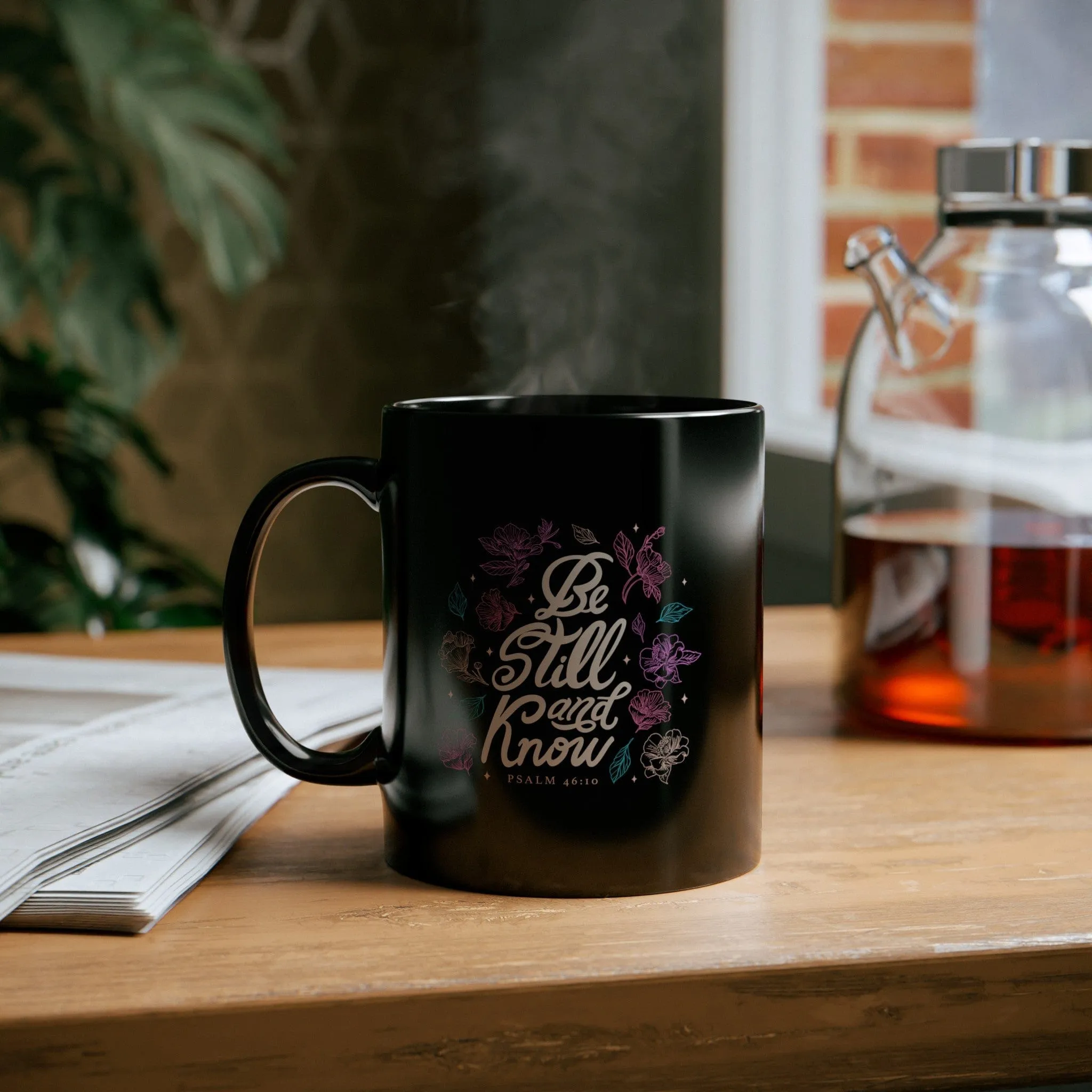 Be Still and Know Floral 11oz Black Mug