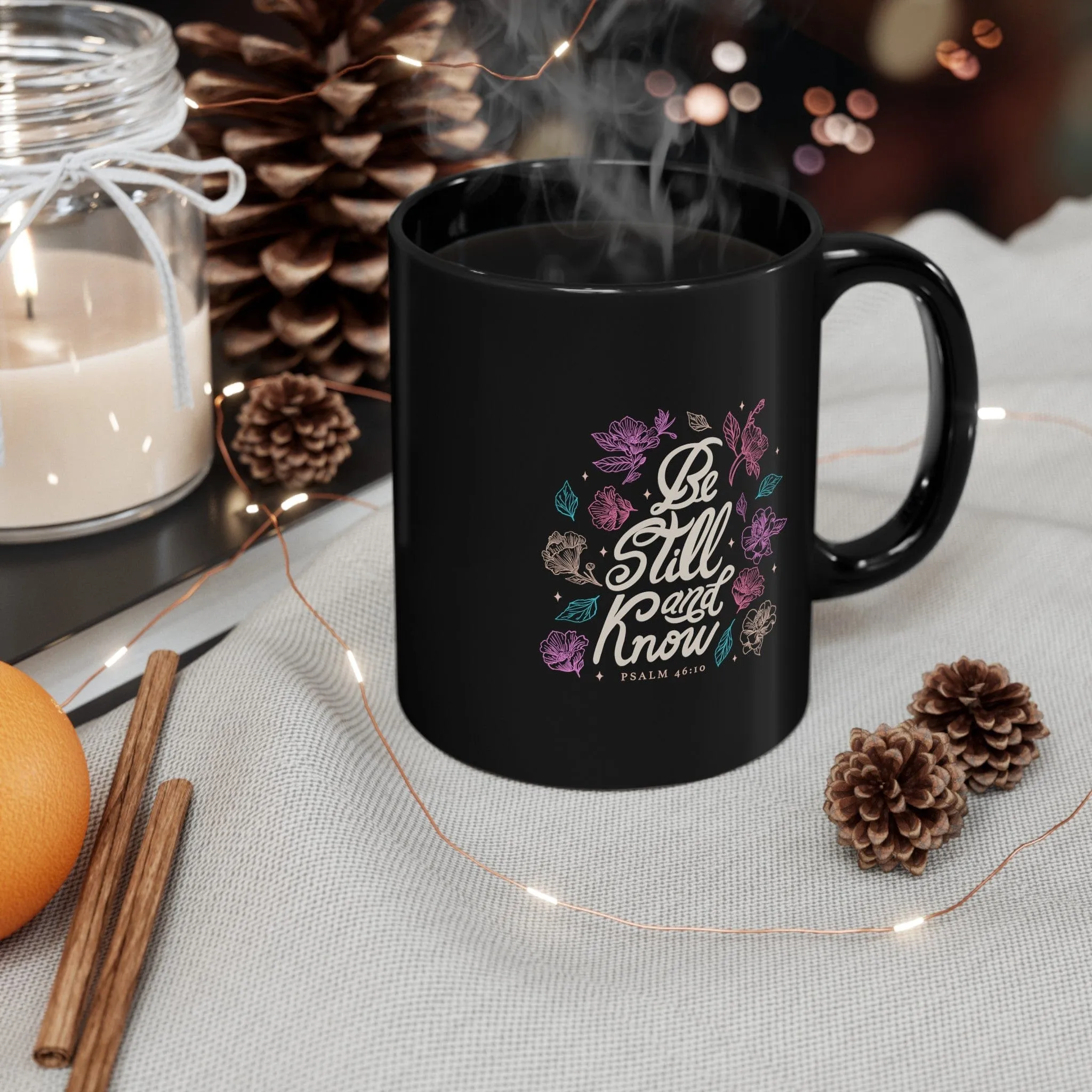 Be Still and Know Floral 11oz Black Mug