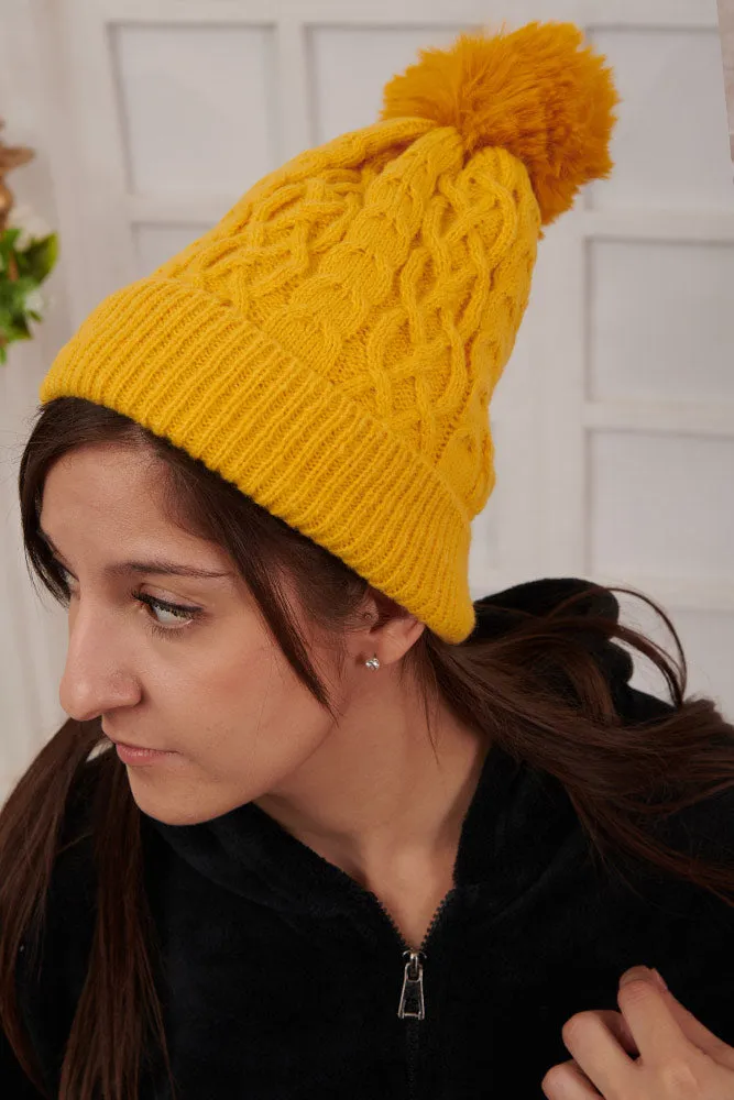 Beanie Cable Knit Pattern PomPom Acrylic Hat