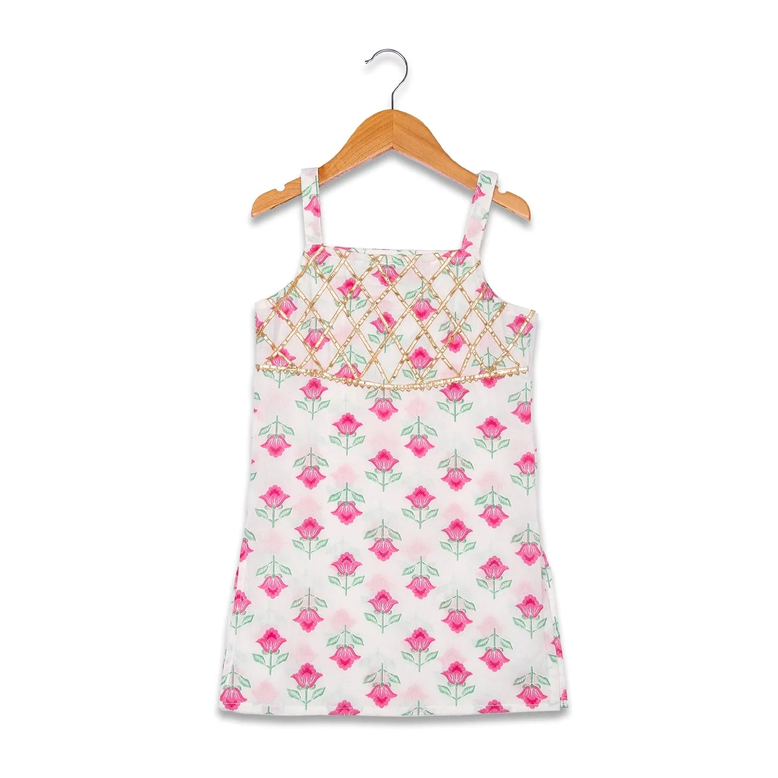 Beautiful Flower print with gota embellished Sleeveless Kurta with Sharara- Pink