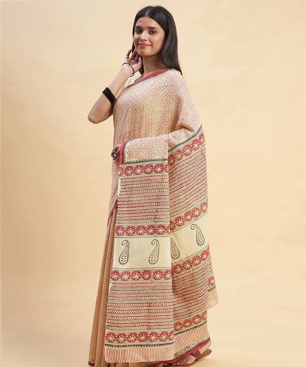 Beige maroon cotton hand block sanganeri printed saree