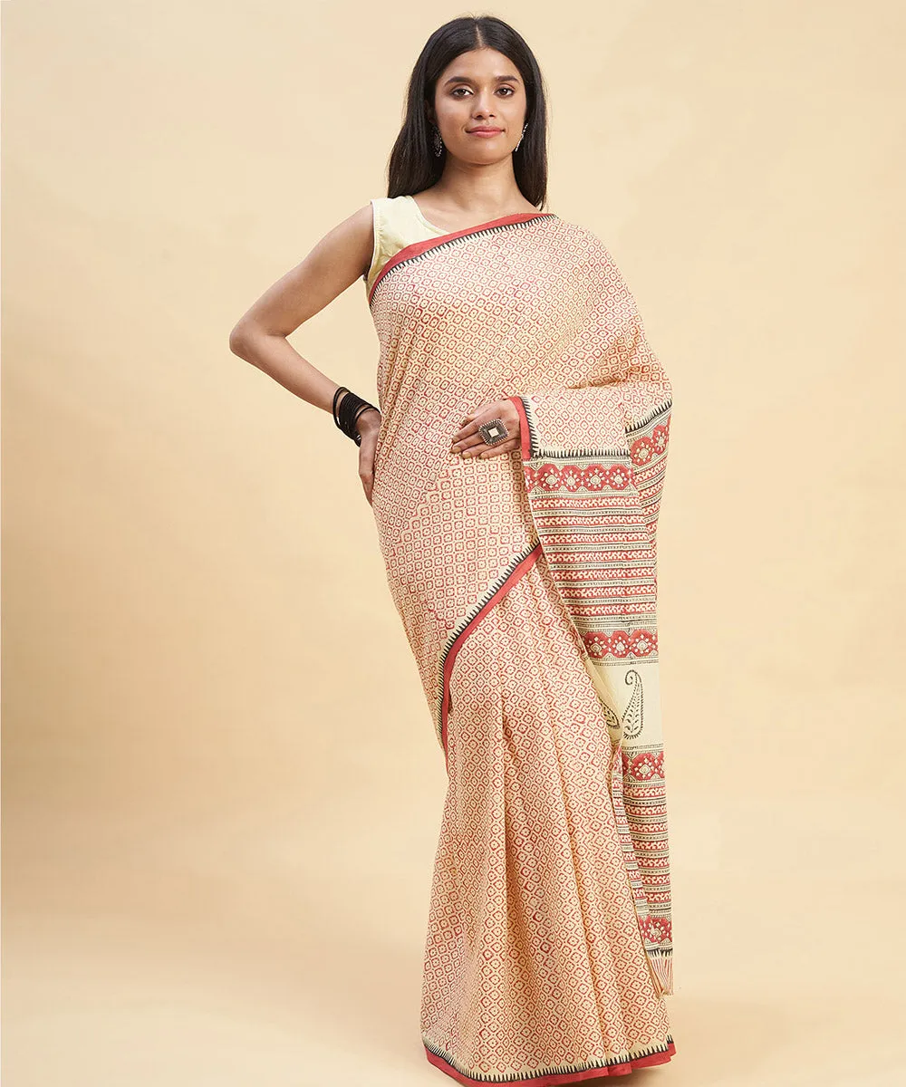 Beige maroon cotton hand block sanganeri printed saree