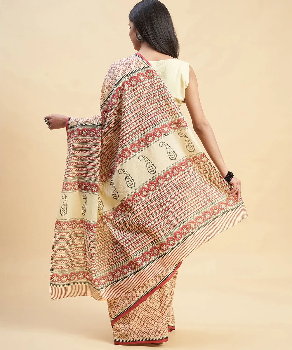 Beige maroon cotton hand block sanganeri printed saree