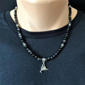 Black Sardonyx and Silver Swordfish Mens Beaded Necklace