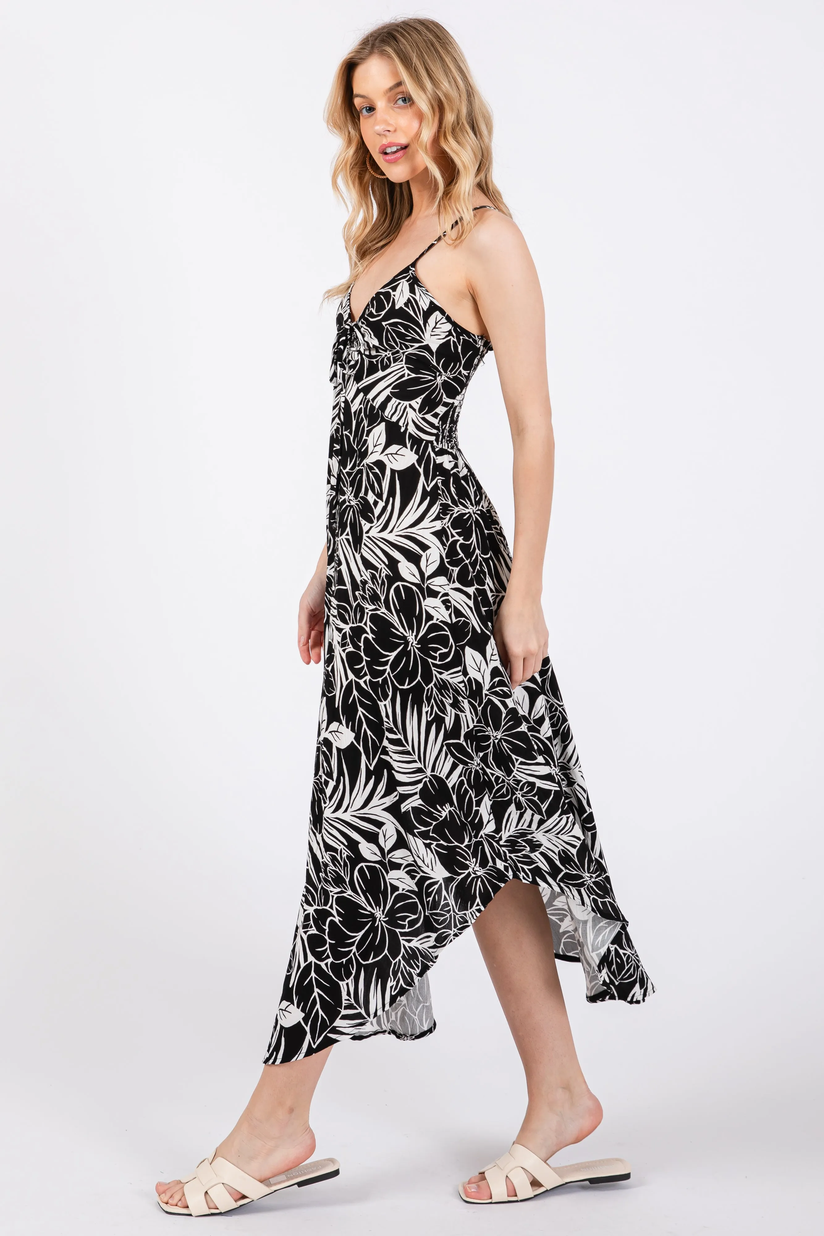 Black Tropical Floral Front Tie Midi Dress