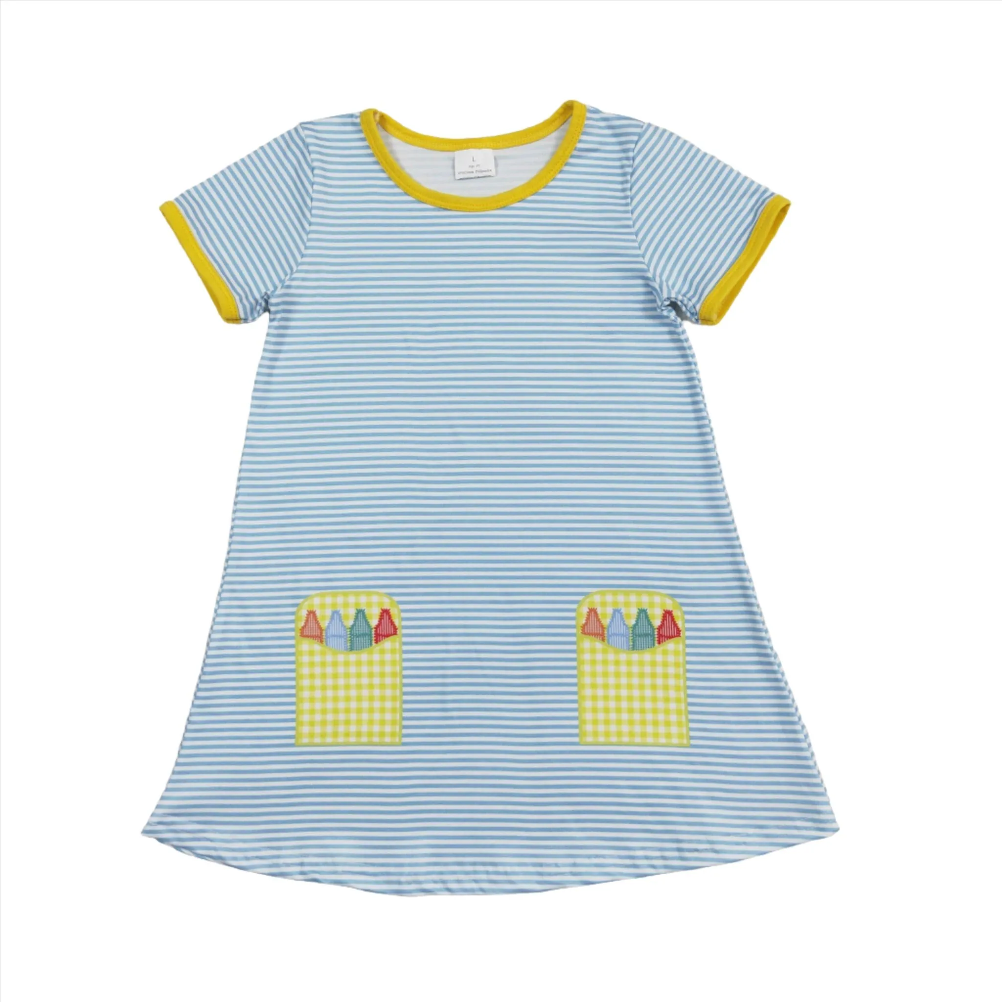 Blue & White Stripe Crayon Applique A-line Dress