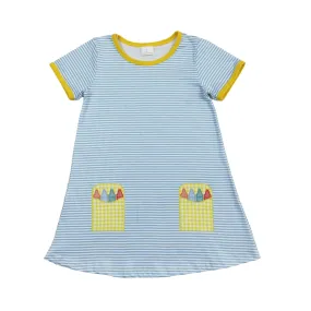 Blue & White Stripe Crayon Applique A-line Dress