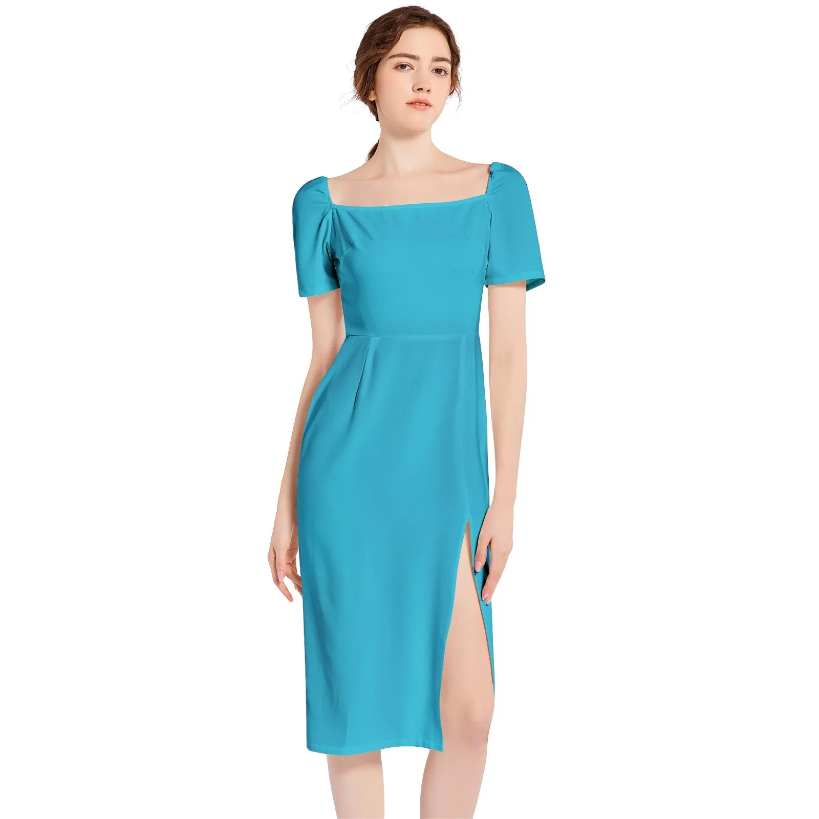 Blue Atoll Split Thigh Midi Bodycon Dress