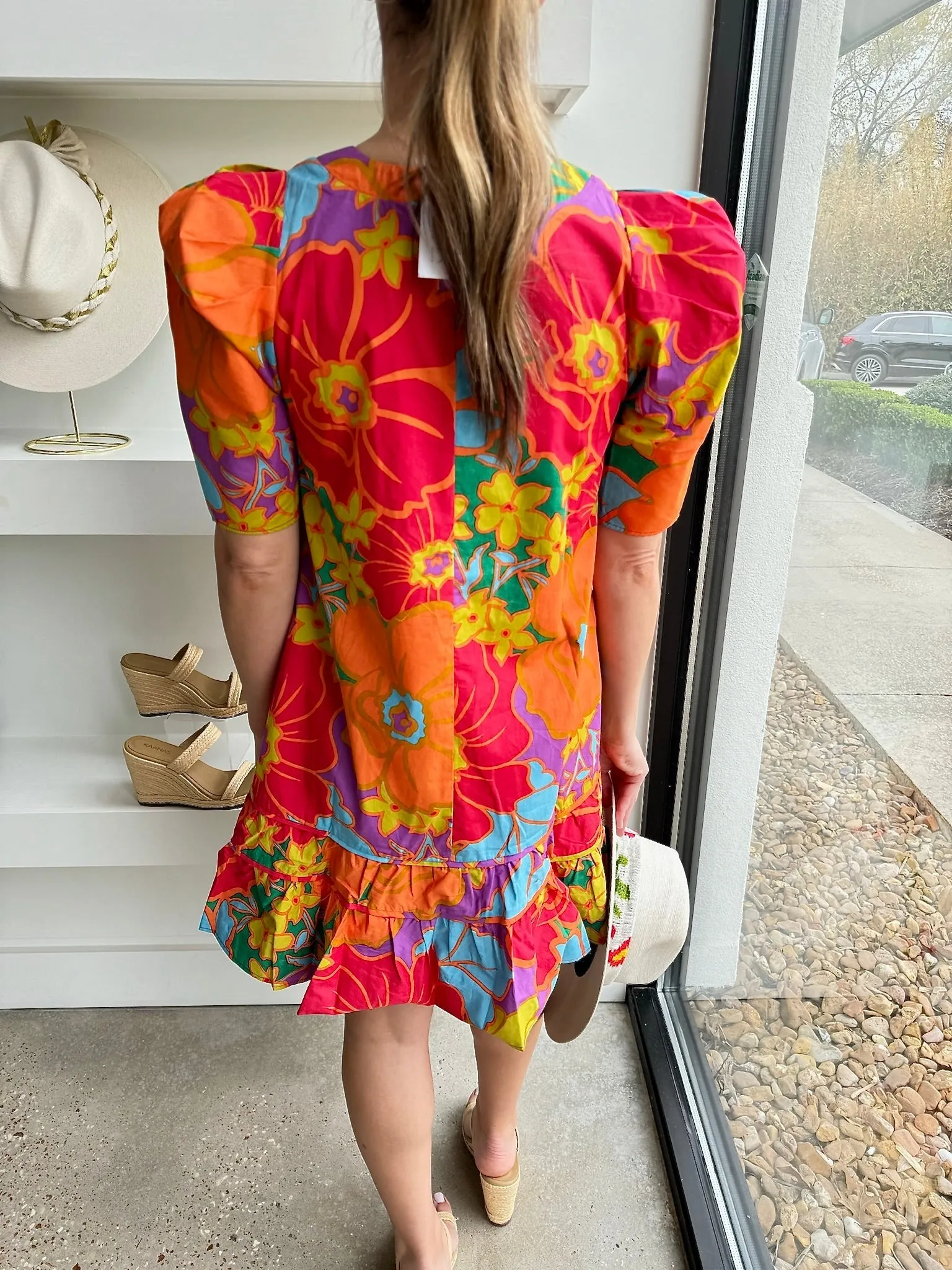 Bold Floral V Neck Ruffle Bottom Dress