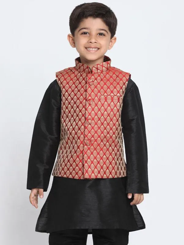 Boys' Maroon Cotton Silk Blend Nehru Jacket