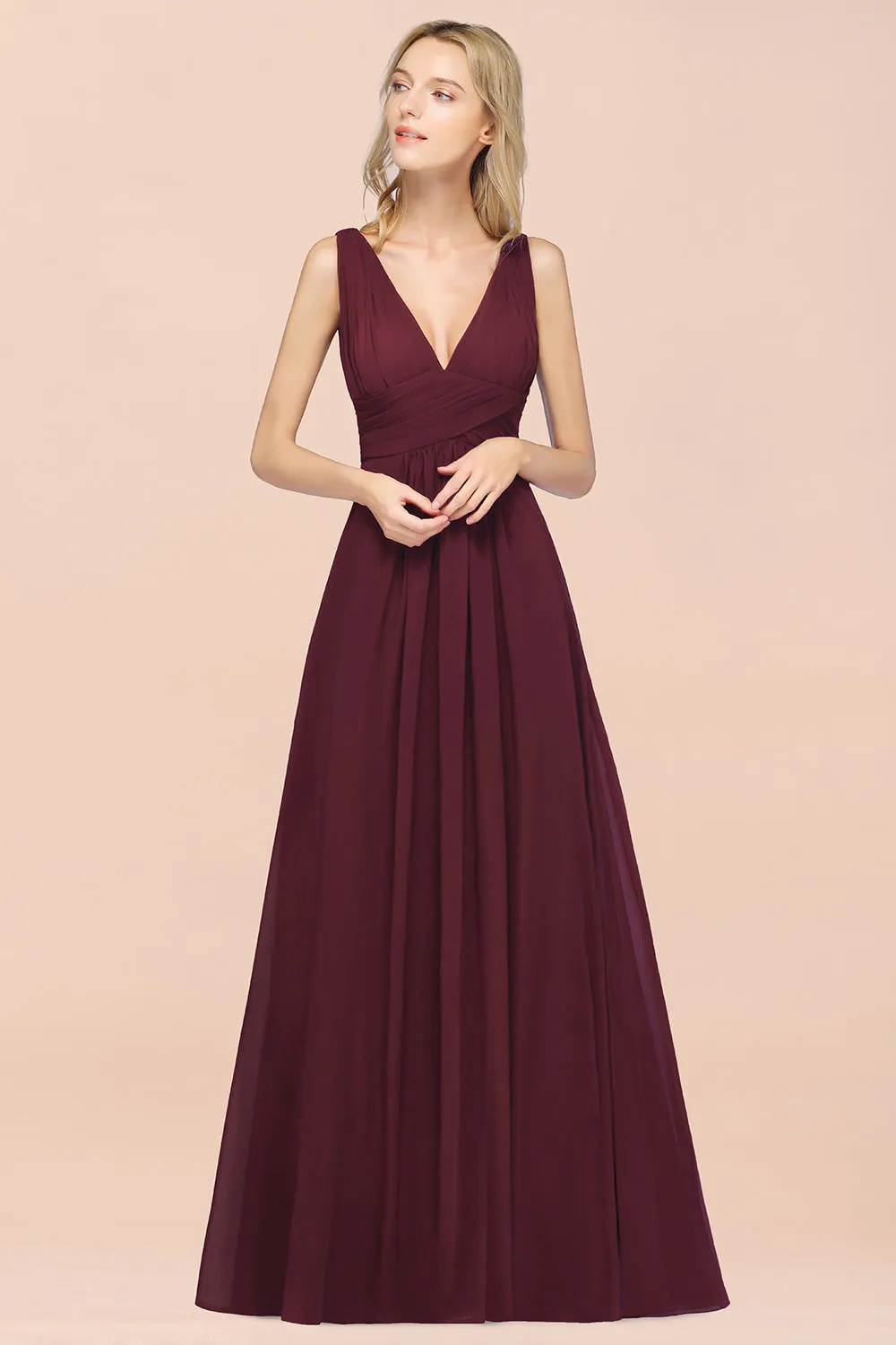 Burgundy A-Line Chiffon V-Neck Long Bridesmaid Dress with Ruffle