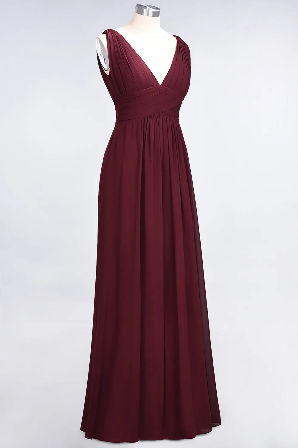 Burgundy A-Line Chiffon V-Neck Long Bridesmaid Dress with Ruffle