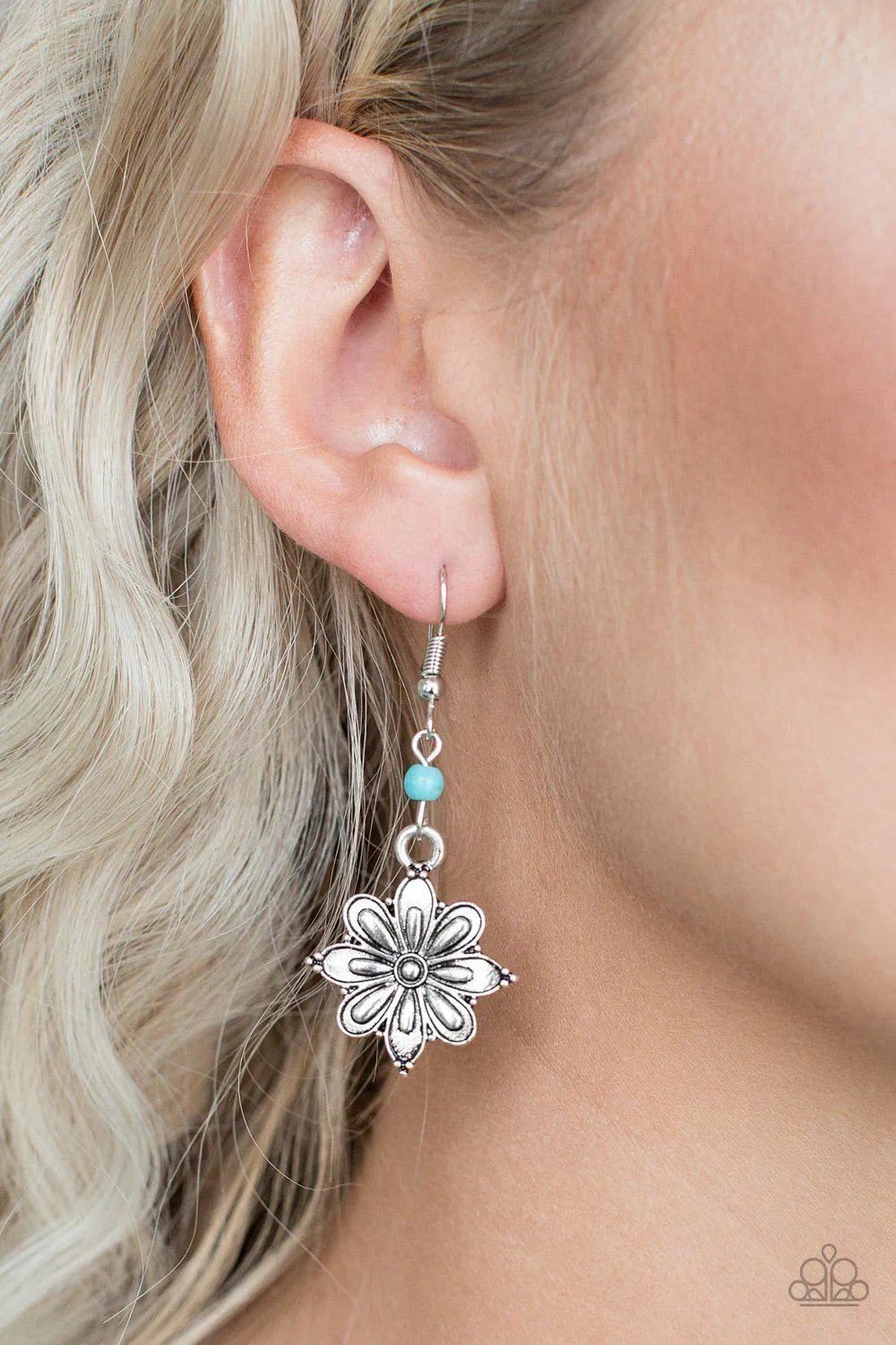 Cactus Blossom Blue and Silver Flower Earrings - Paparazzi Accessories