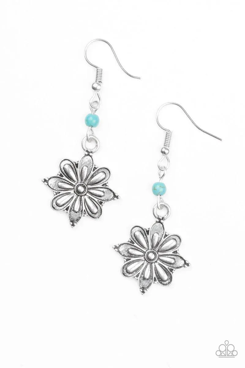 Cactus Blossom Blue and Silver Flower Earrings - Paparazzi Accessories