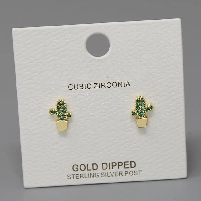 Cactus CZ Pave Gold Dipped Stud Earrings