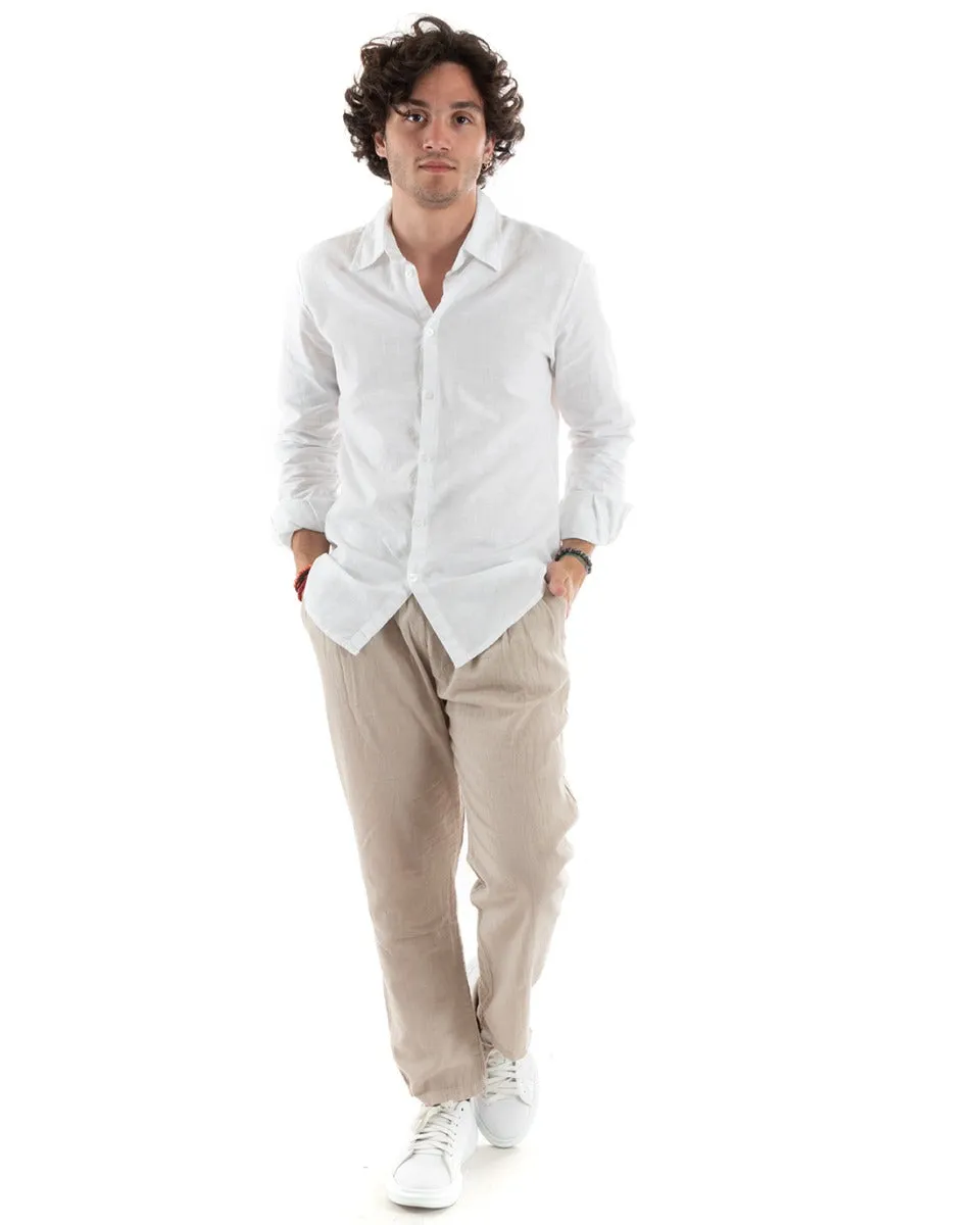 Camicia Uomo Con Colletto Slim Fit Lino Tinta Unita Maniche Lunghe Bianco GIOSAL-C2761A