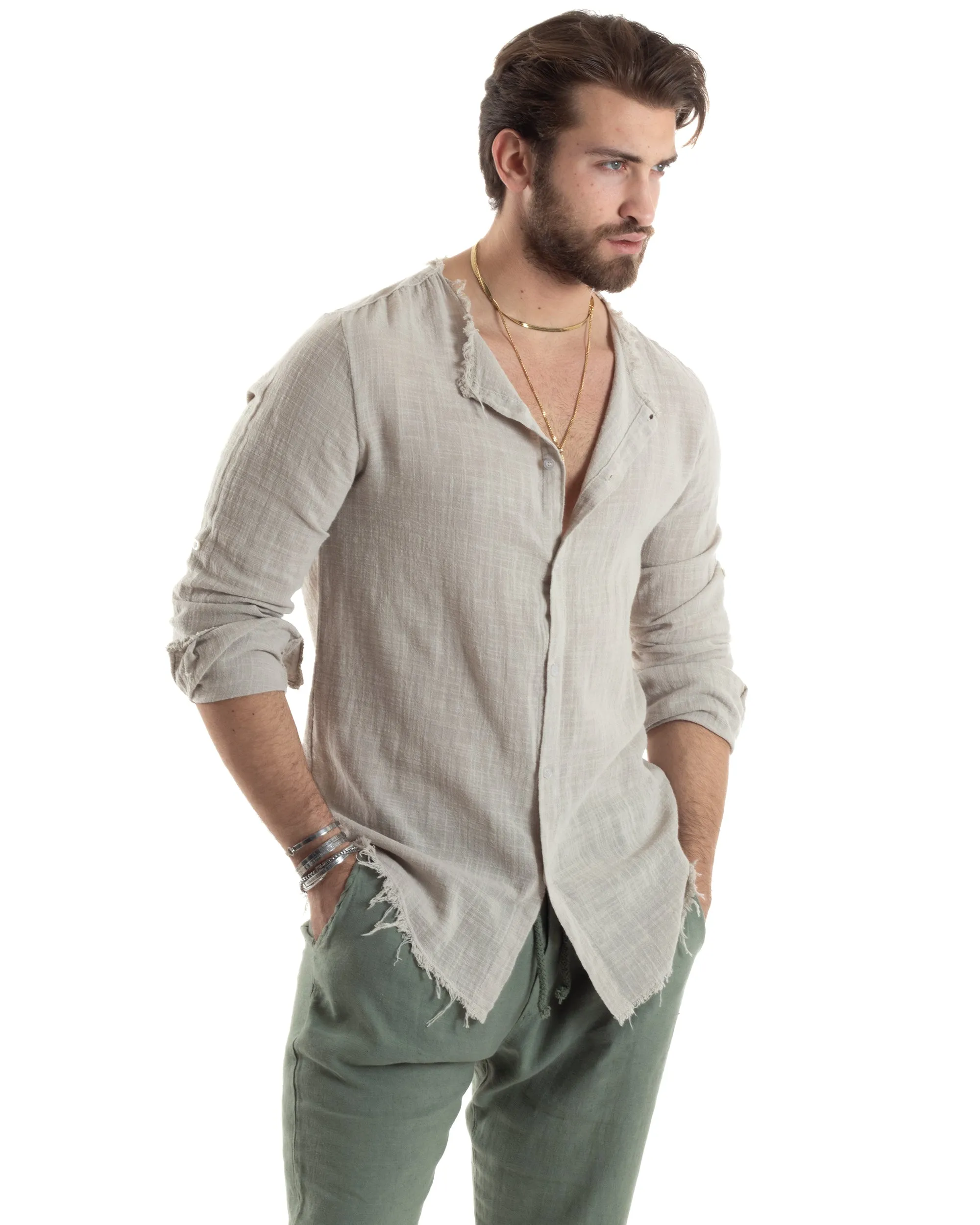 Camicia Uomo Sfrangiata Cotone Lino Manica Lunga Tinta Unita Beige GIOSAL-C2844A