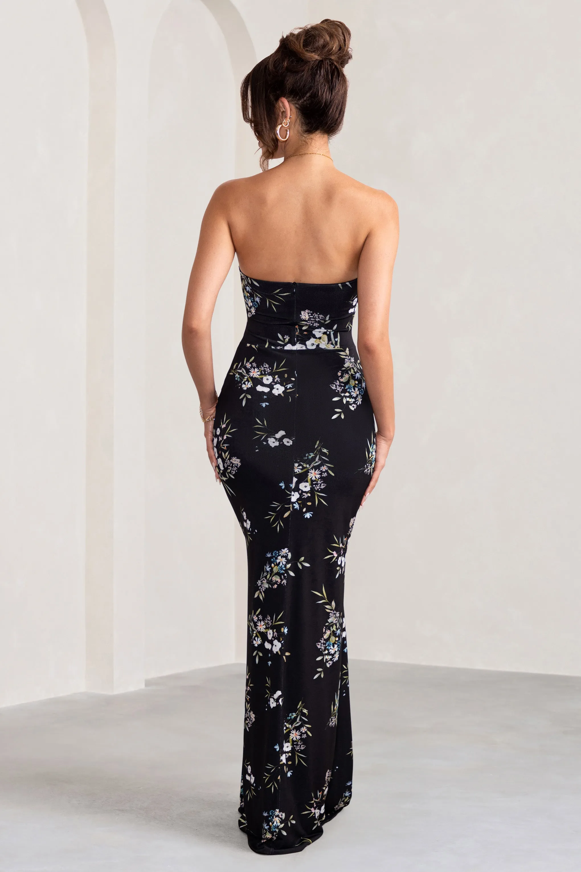 Camila | Black Floral Print Strapless Maxi Dress With Thigh Split