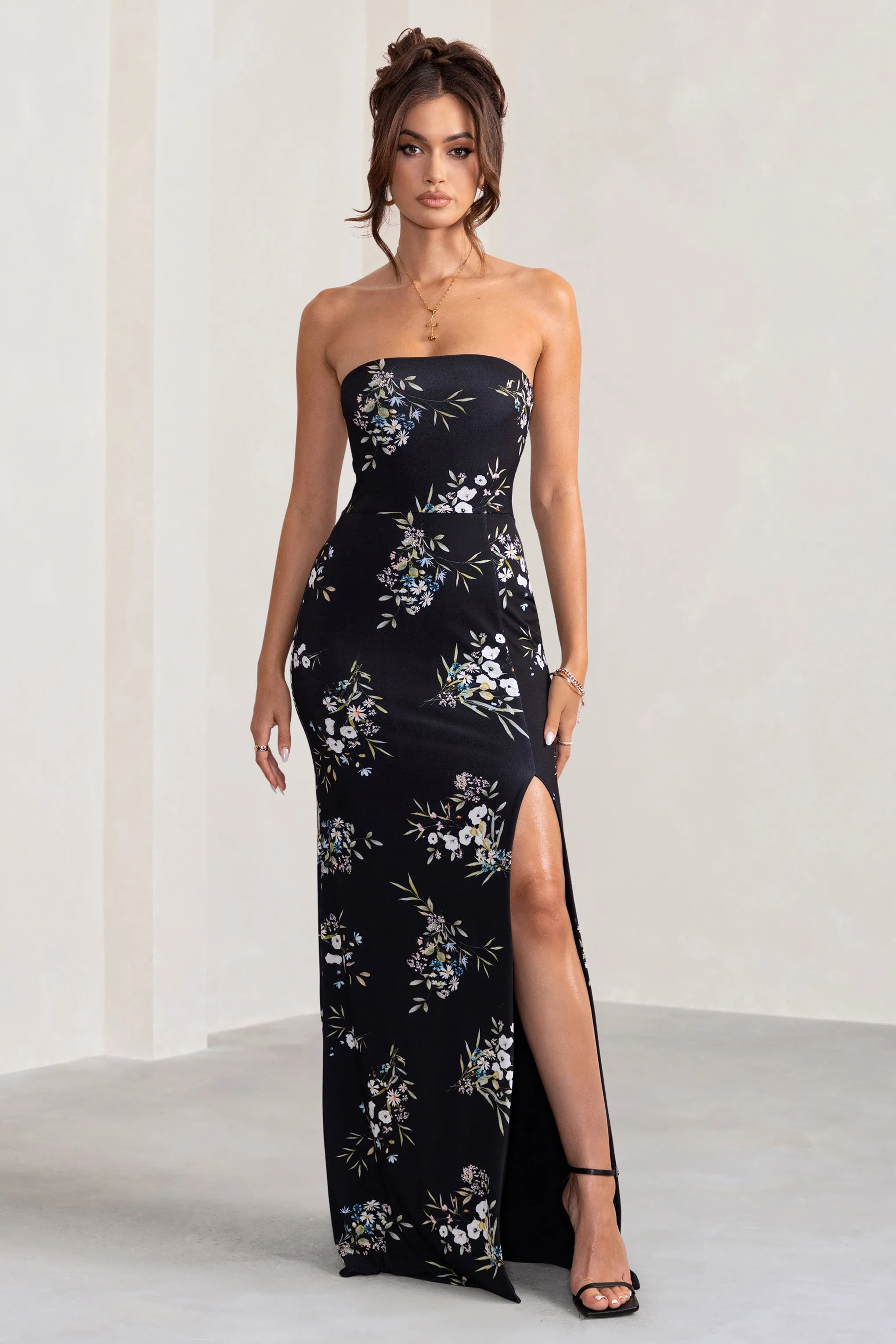 Camila | Black Floral Print Strapless Maxi Dress With Thigh Split