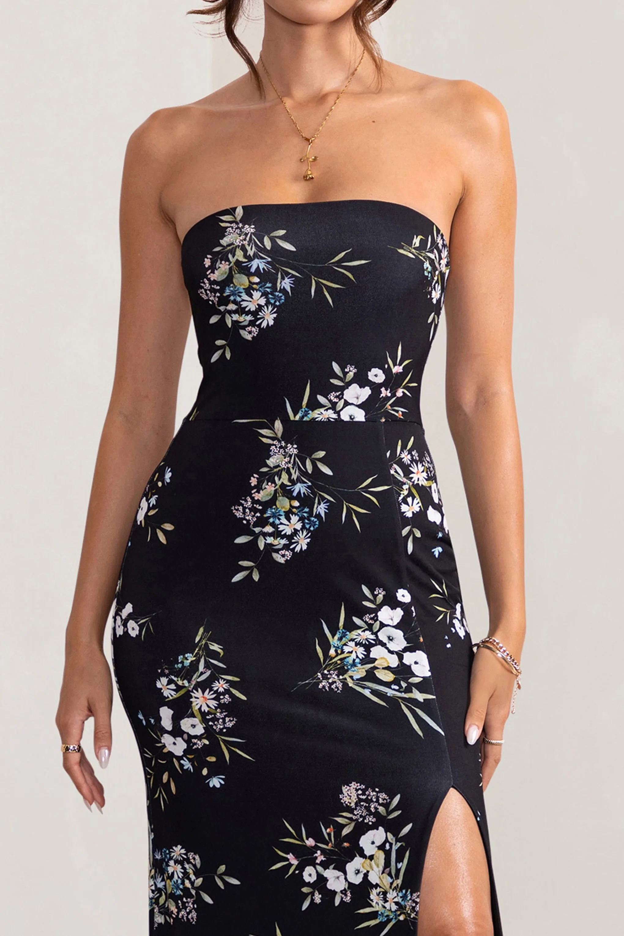 Camila | Black Floral Print Strapless Maxi Dress With Thigh Split