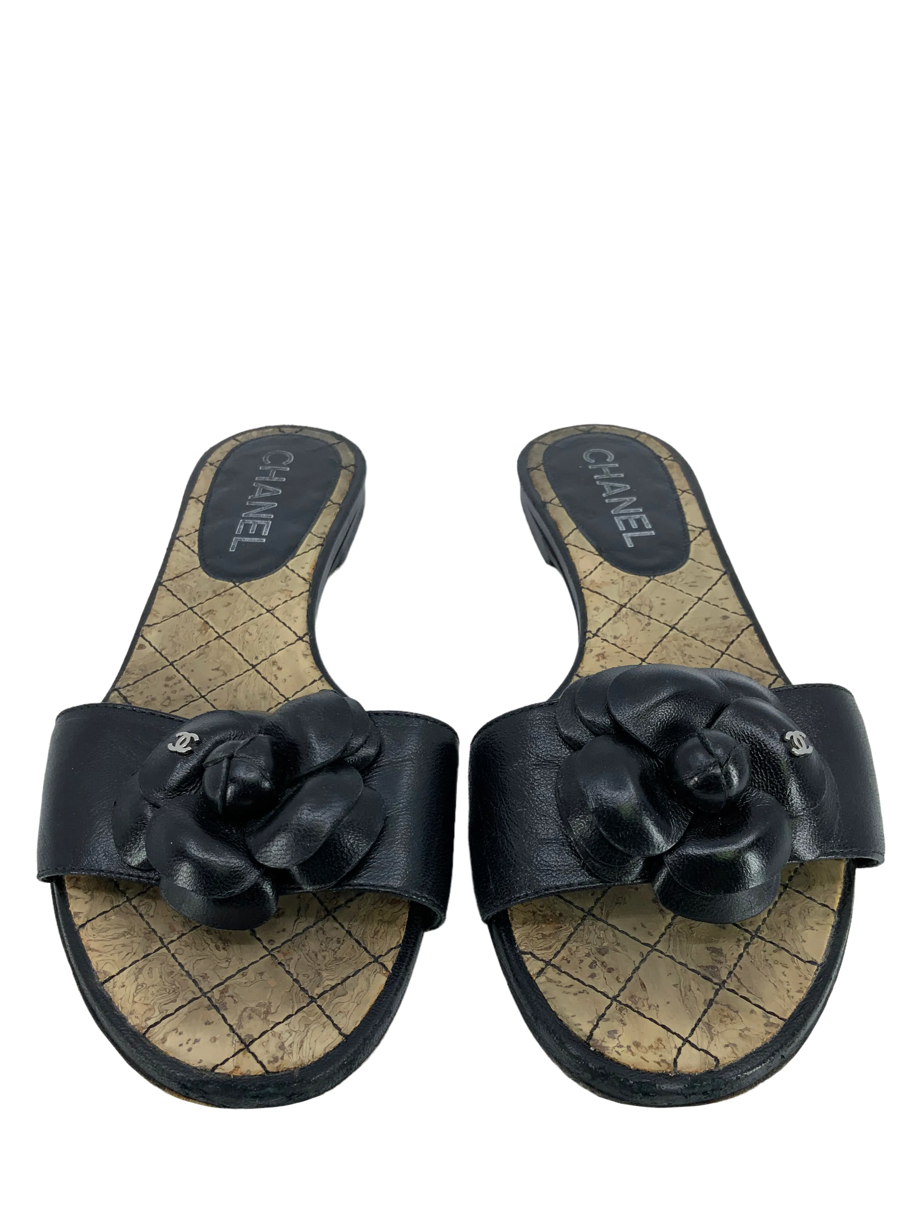 Chanel Leather Camellia Flower Flat Cork Sandals Size 7