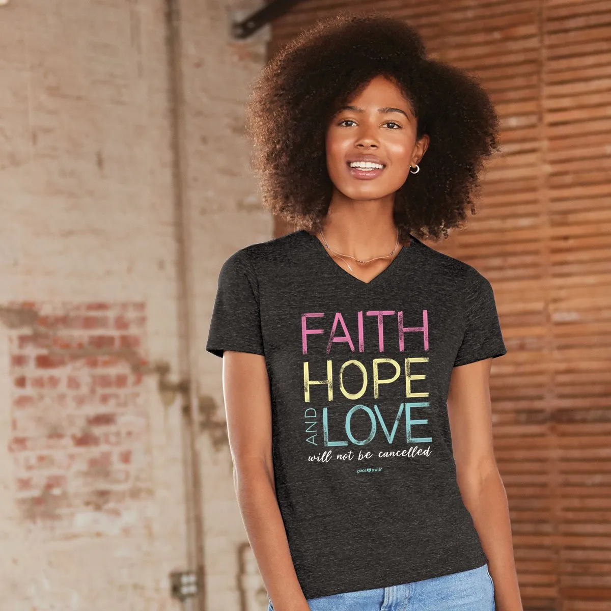 Cherished Girl Grace & Truth Faith Hope Love Christian V-Neck T-Shirt