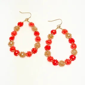 Coral & Beige Flower Beaded Drop Earrings