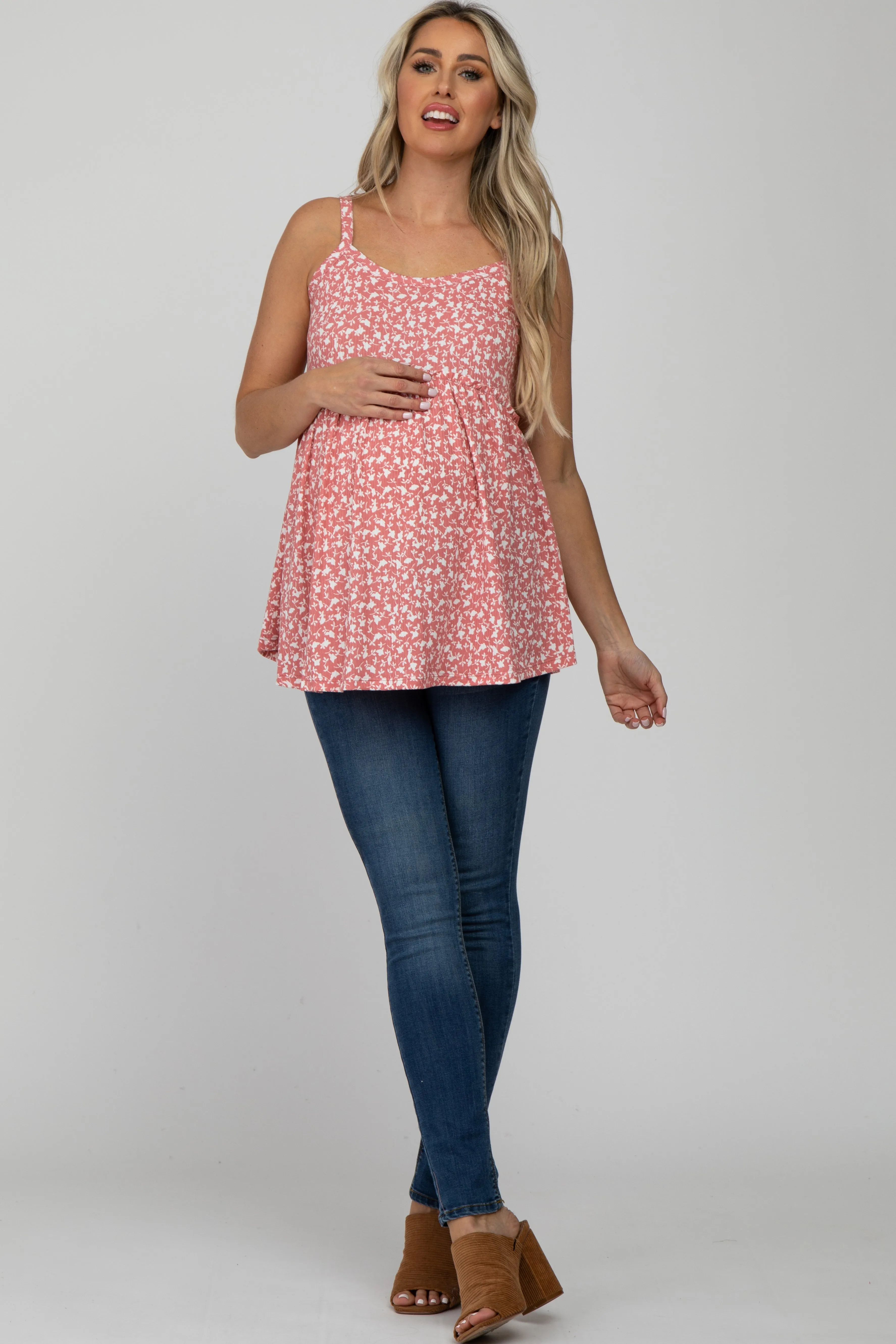 Coral Floral Ribbed Babydoll Maternity Top