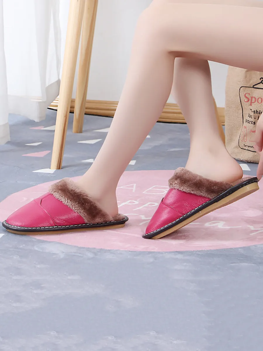 Couple Winter Vintage Leather Plush Indoor Slippers