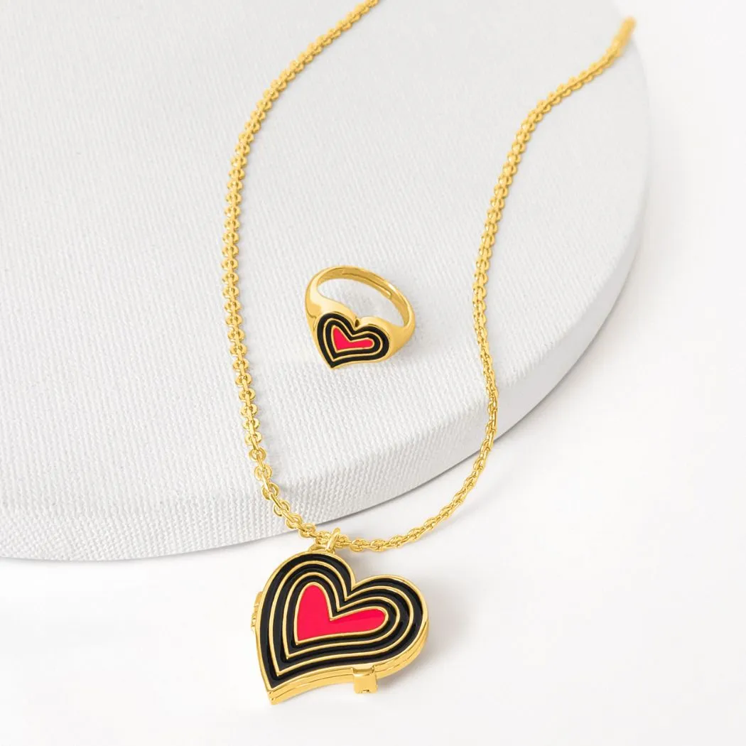 Deco Heart Locket & Signet Ring Gift Set (Onyx & Pink) - Gold