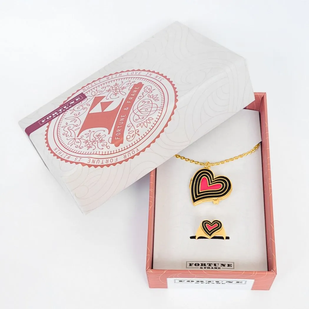 Deco Heart Locket & Signet Ring Gift Set (Onyx & Pink) - Gold