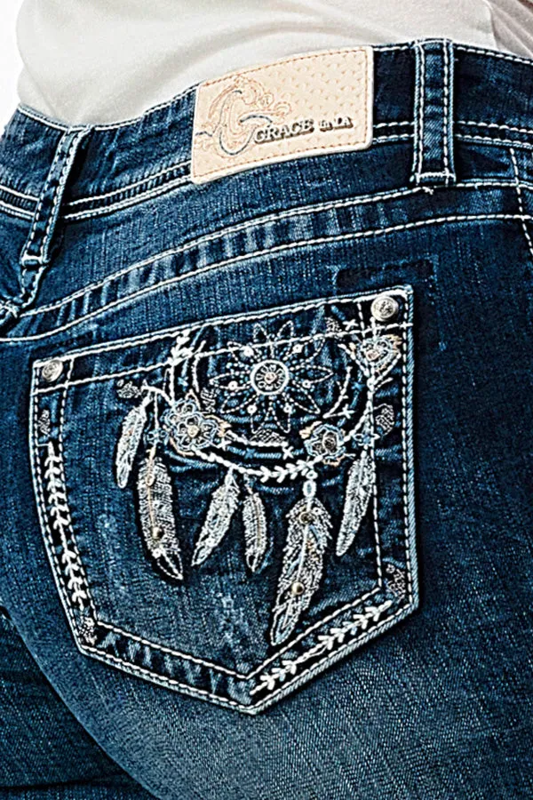 Dream Catcher Embellishment Mid Rise Bootcut Jeans