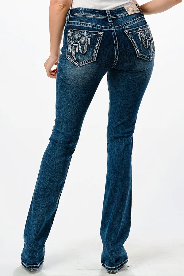 Dream Catcher Embellishment Mid Rise Bootcut Jeans