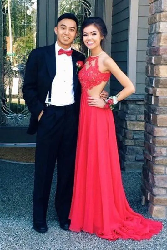 Elegant A Line Chiffon Open Back Halter Slit Red Long Cheap Prom Dresses