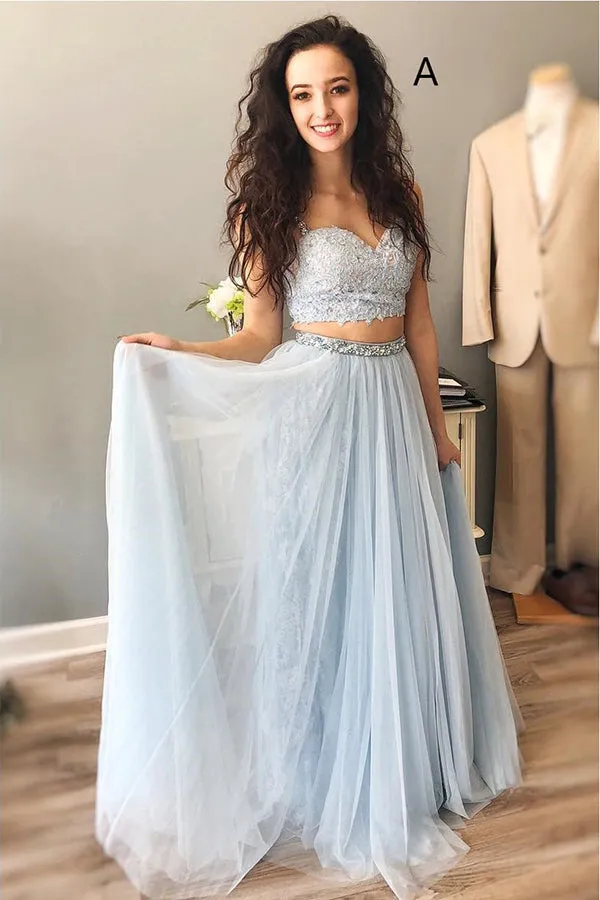 Elegant A Line Two Piece Spaghetti Straps Tulle Prom Dresses