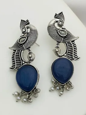 Elegant Blue Stoned Peacock Design Silver Toned Oxidized Earrings With Pearl Beads