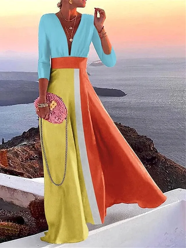 Elegant Color Block Patchwork V Neck Maxi Dress with 3/4 Sleeve