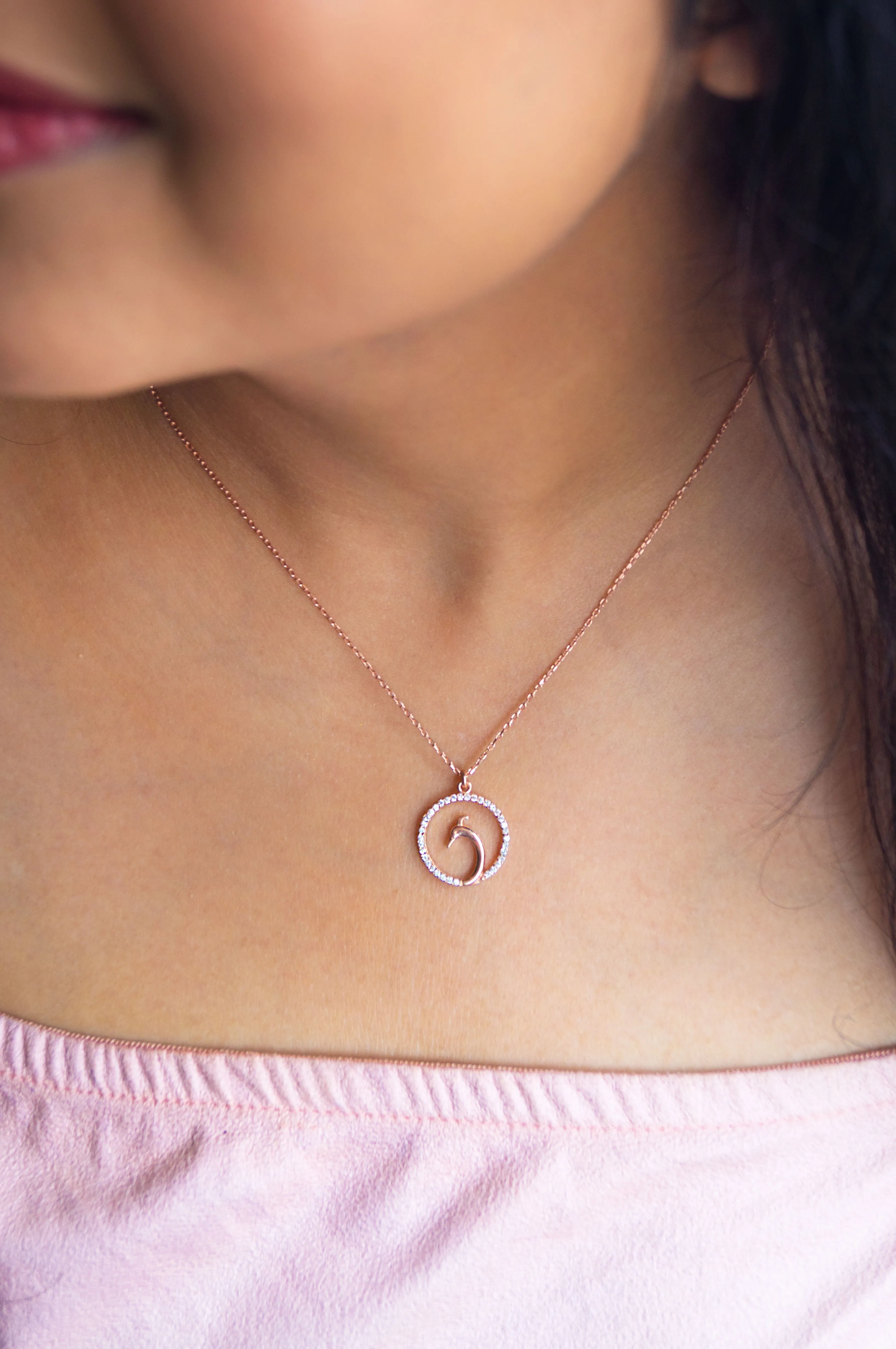 Elegant Encircled Peacock Rose Gold Plated Sterling Silver Chain Necklace